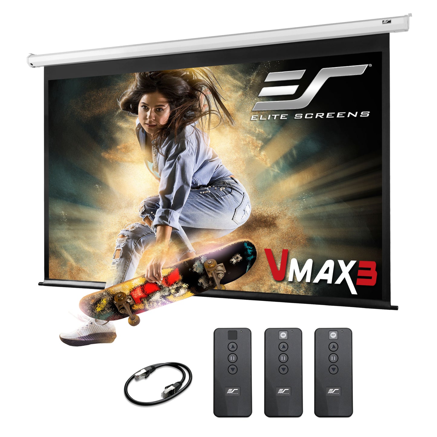Elite Screens VMAX3 projector screen with a person on a skateboard and remote controls displayed below.