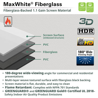 MaxWhite Fiberglass screen material with features and certifications on a gray background