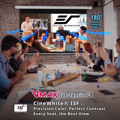 People in a meeting room with a large screen displaying Elite Screens VMAX Tab-Tension 3 and product features.