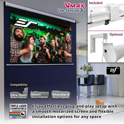 Elite Screens VMAX Tab-Tension 3 projector screen with installation options and certification logos displayed.