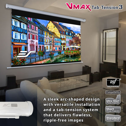 Living room with a large screen displaying colorful buildings, VMAX Tab-Tension 3 projector screen, and text about features.