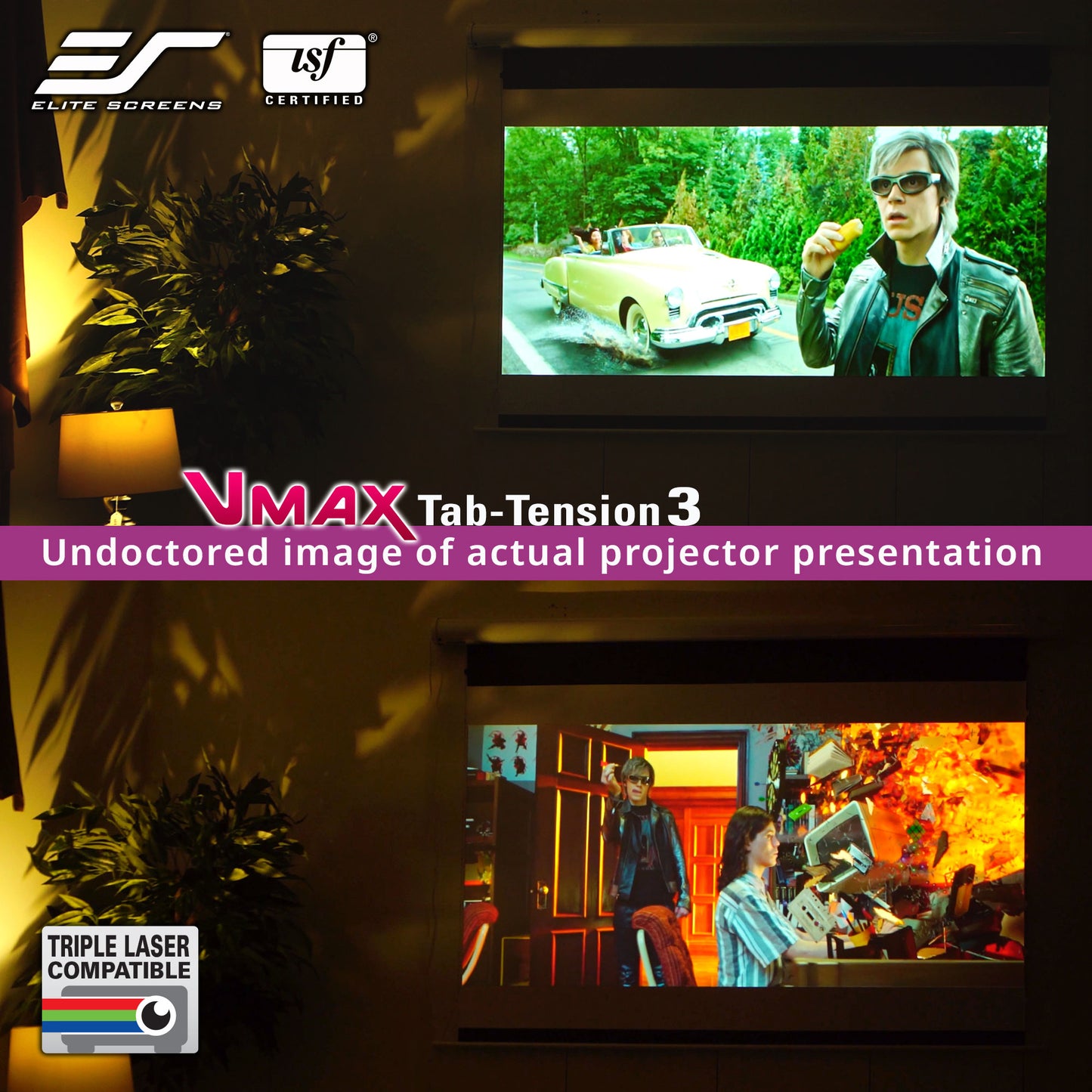 Projector screen with 'VMAX Tab-Tension 3' branding and Elite Screens logo.