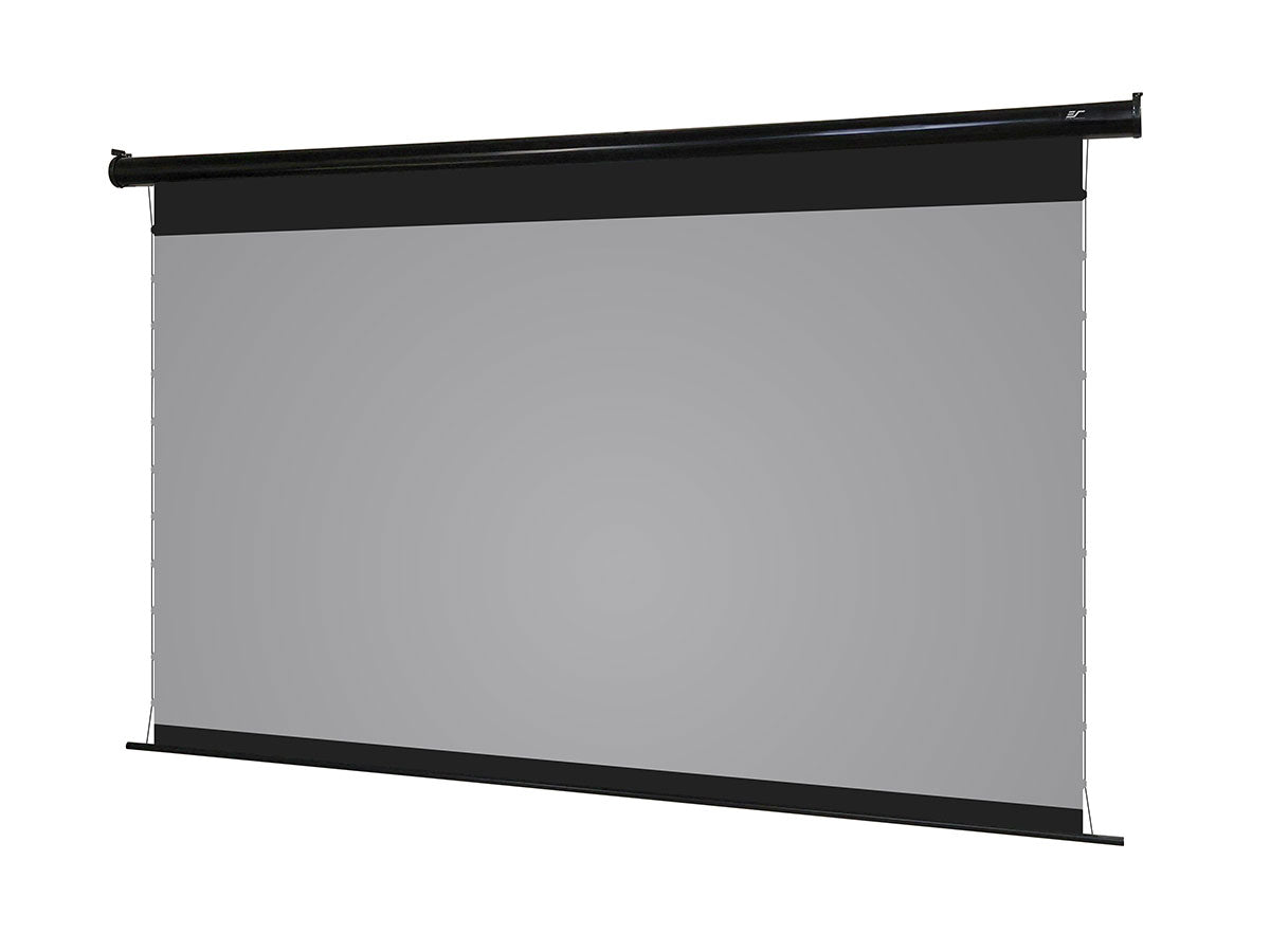 Manual pull-down projector screen with black frame on a white background