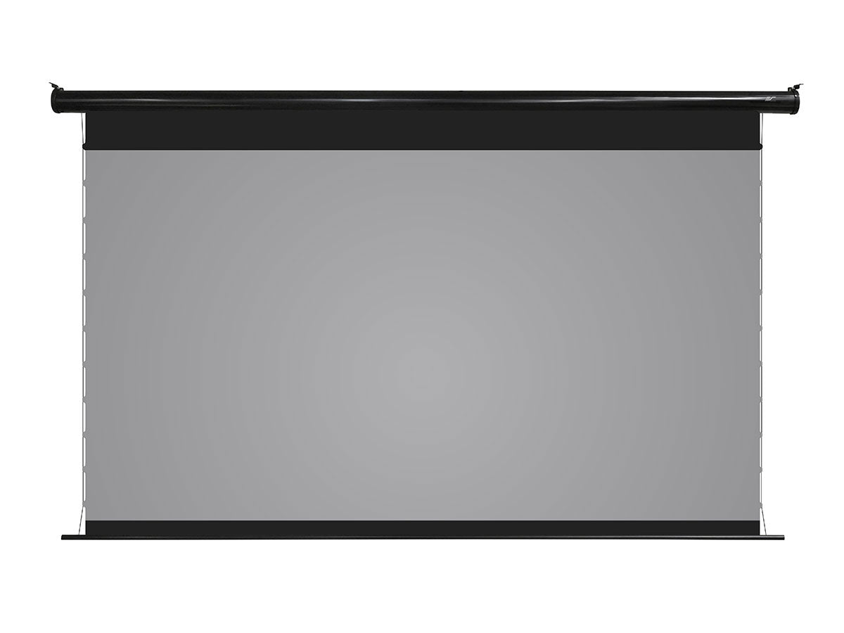 Gray projector screen with black frame on a white background