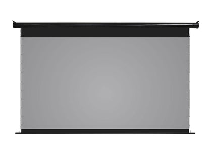 Gray projector screen with black frame on a white background