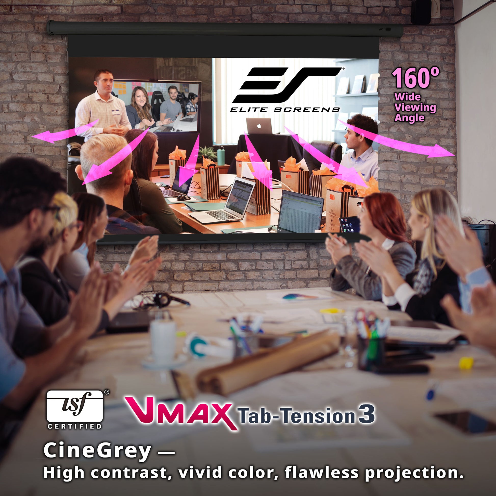People in a meeting room with a large screen displaying Elite Screens VMAX Tab-Tension 3 Series CineGrey and product features.
