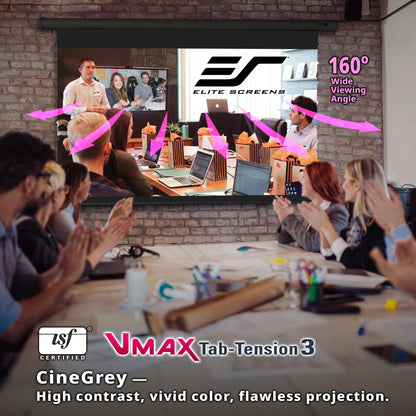 People in a meeting room with a large screen displaying Elite Screens VMAX Tab-Tension 3 Series CineGrey and product features.