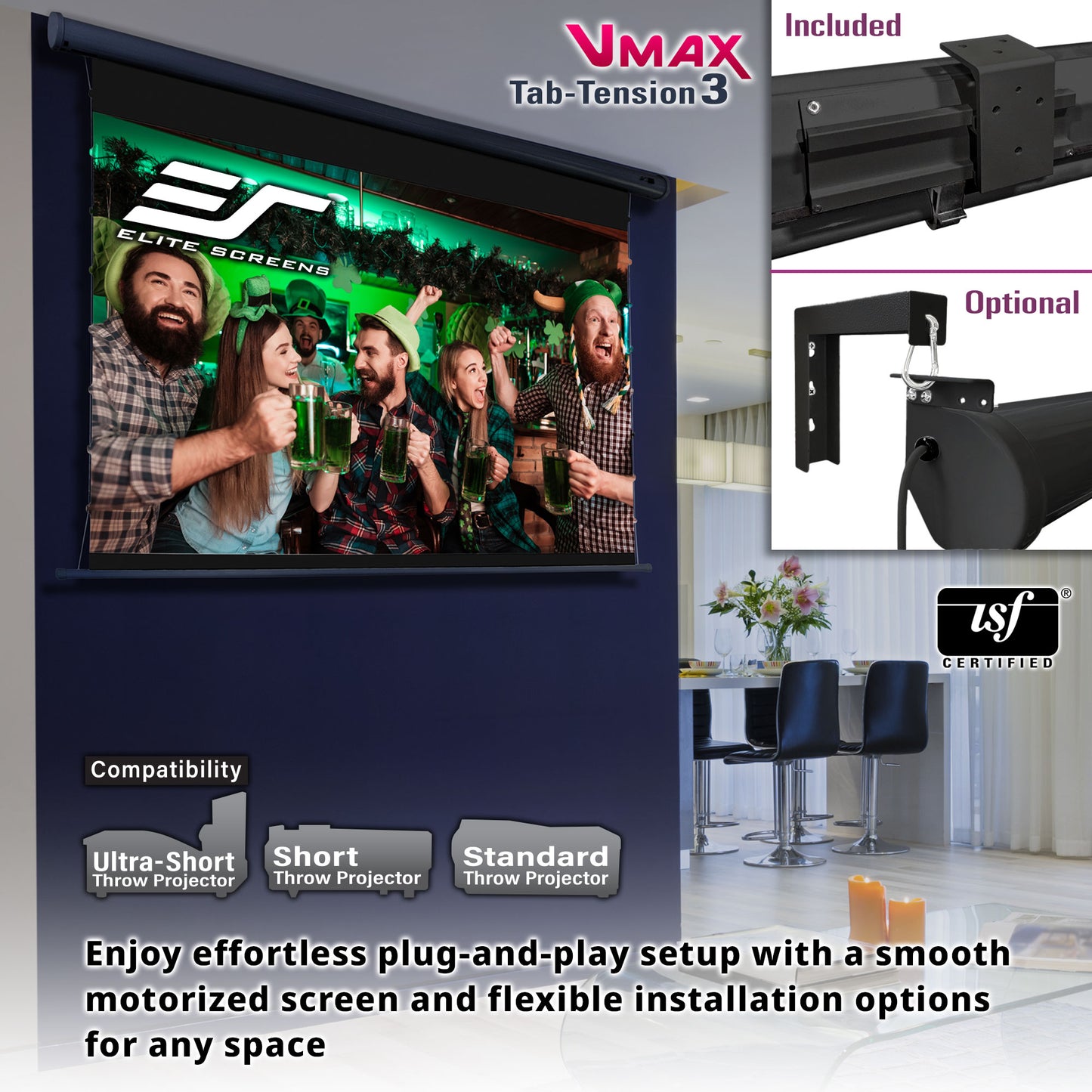 Elite Screens VMAX Tab-Tension 3 Series CineGrey projector screen with installation options and compatibility details.