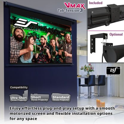 Elite Screens VMAX Tab-Tension 3 Series CineGrey projector screen with installation options and compatibility details.