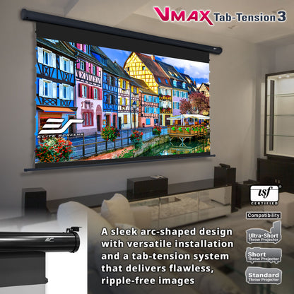 Projector screen with colorful display in a room, featuring VMAX Tab-Tension 3 CineGrey technology.