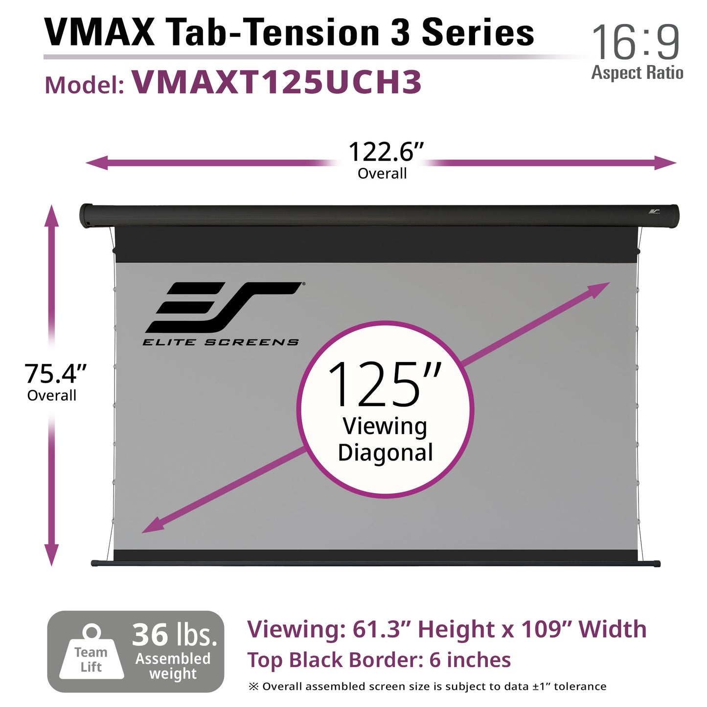Elite Screens VMAX Tab-Tension 3 Series 125" CineGrey projector screen with dimensions and specifications.