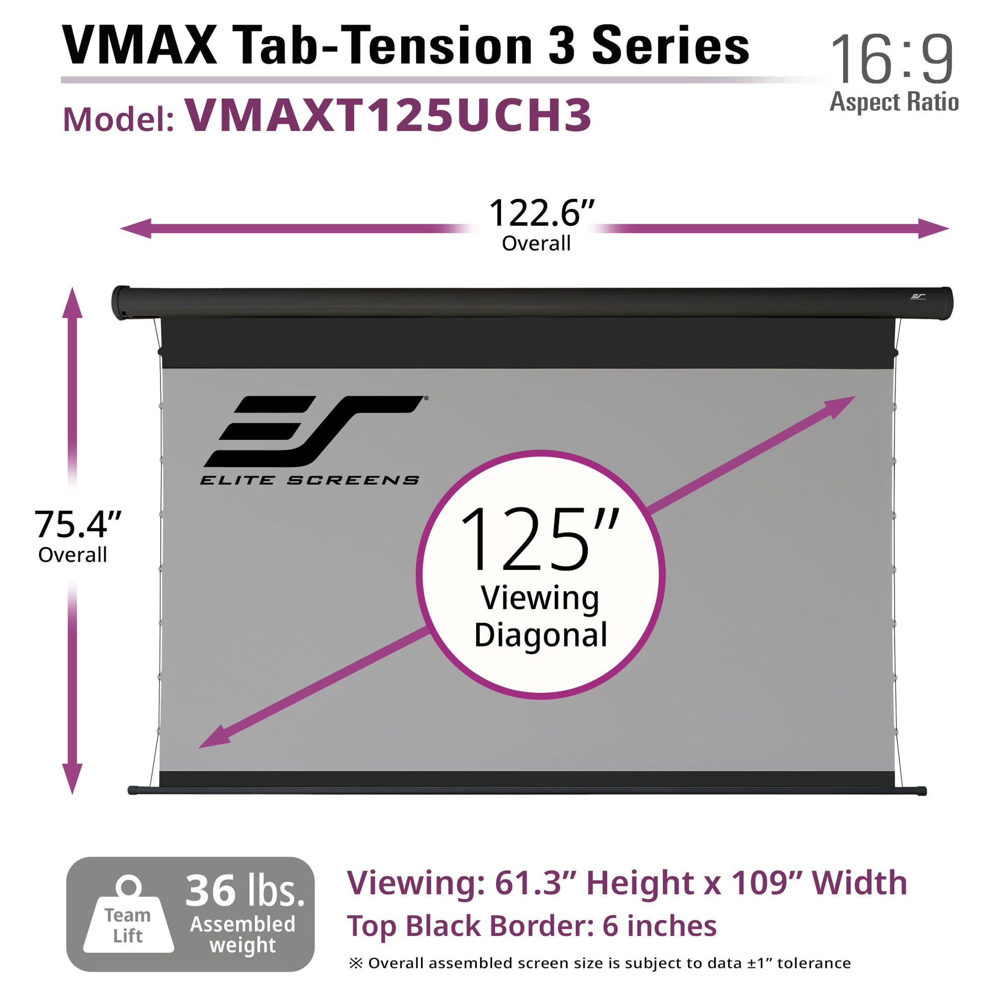 Elite Screens VMAX Tab-Tension 3 Series 125" CineGrey projector screen with dimensions and specifications.