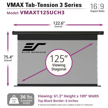 Elite Screens VMAX Tab-Tension 3 Series 125" CineGrey projector screen with dimensions and specifications.