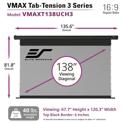 Elite Screens VMAX Tab-Tension 3 Series 138" CineGrey projector screen with dimensions and specifications.