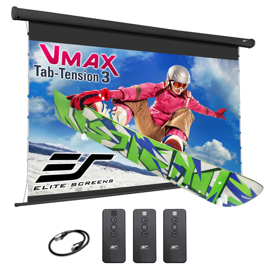Elite Screens VMAX Tab-Tension 3 projector screen, Black case with remote controls on a white background