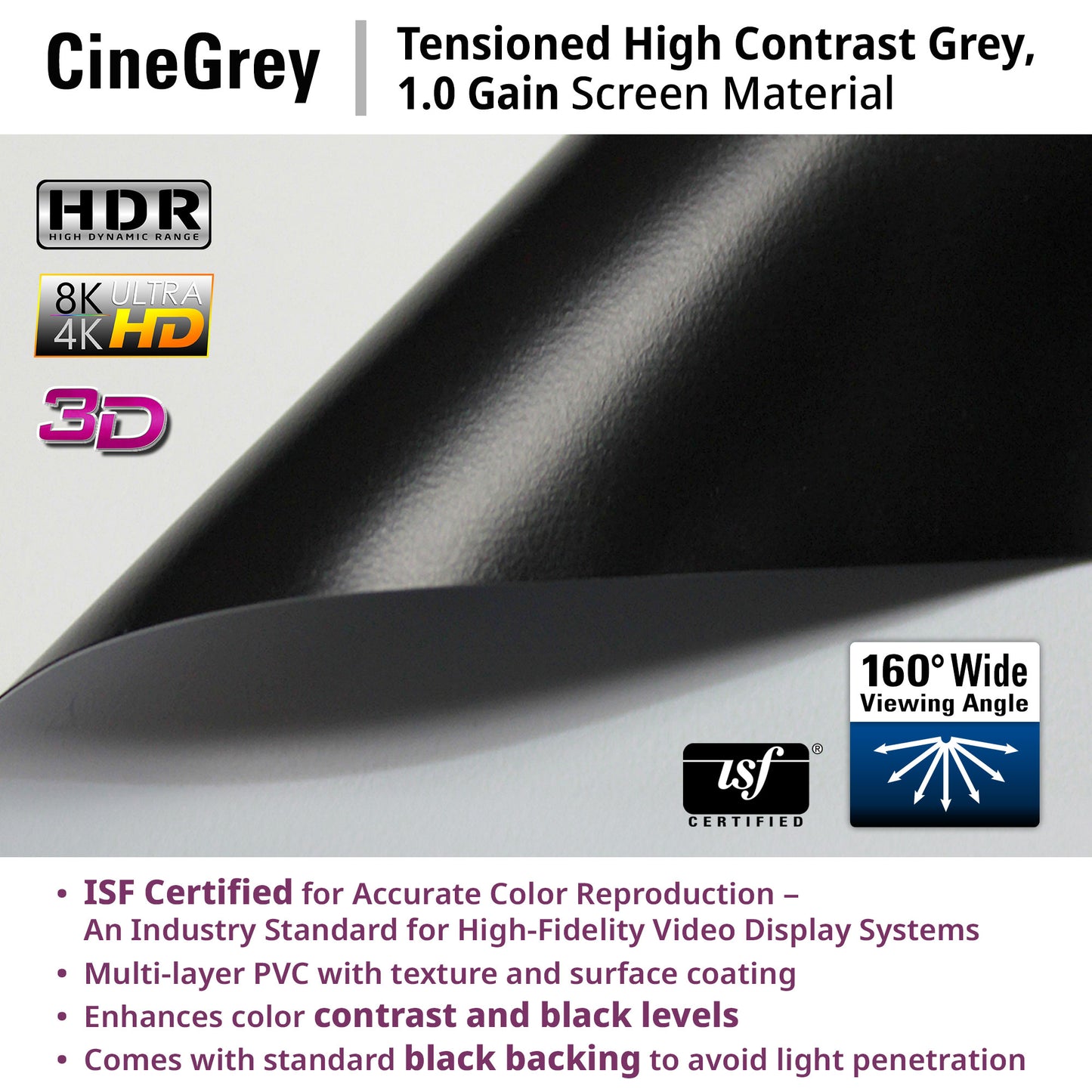 CineGrey screen material with certification logos and features on a gray background