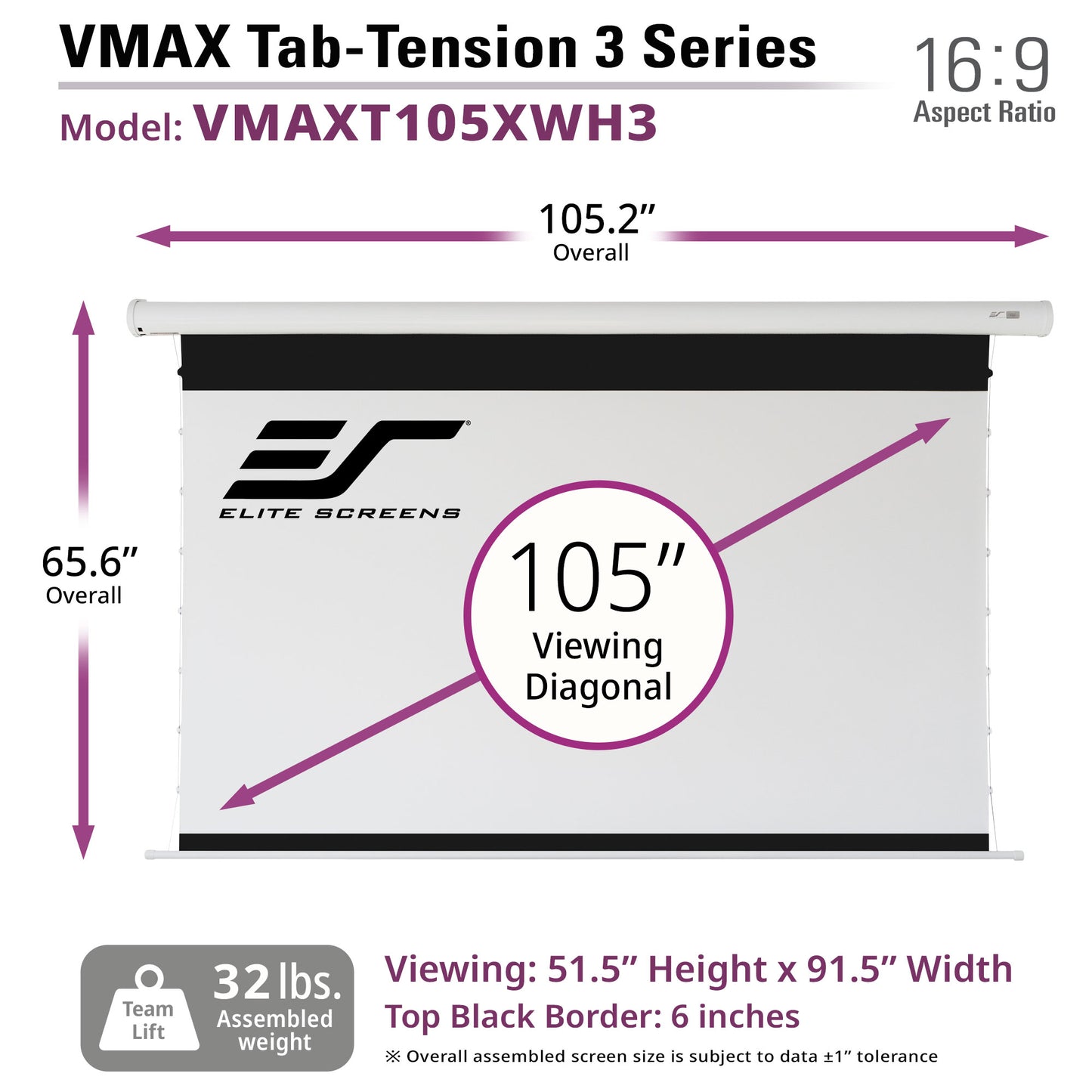 Elite Screens VMAX Tab-Tension 3 Series 105" projector screen with dimensions and specifications.