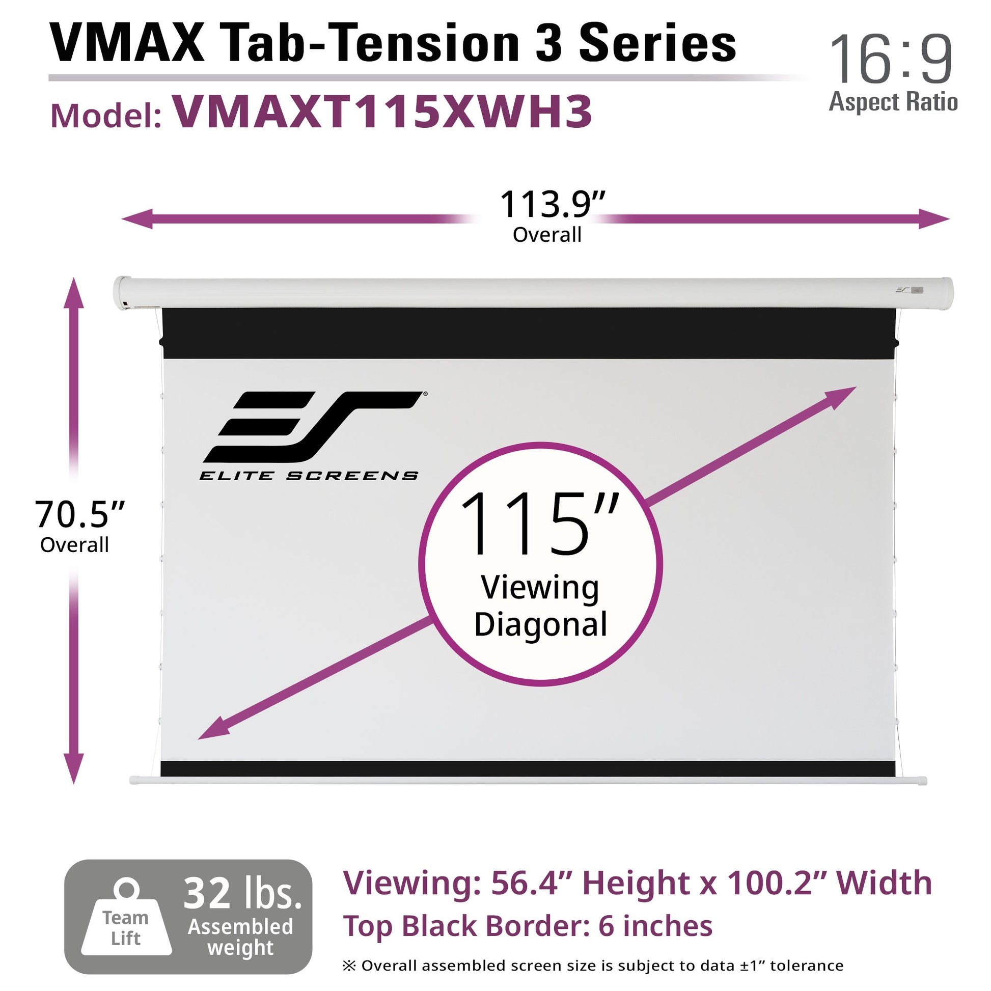 Elite Screens VMAX Tab-Tension 3 Series 115" projector screen with dimensions and specifications.