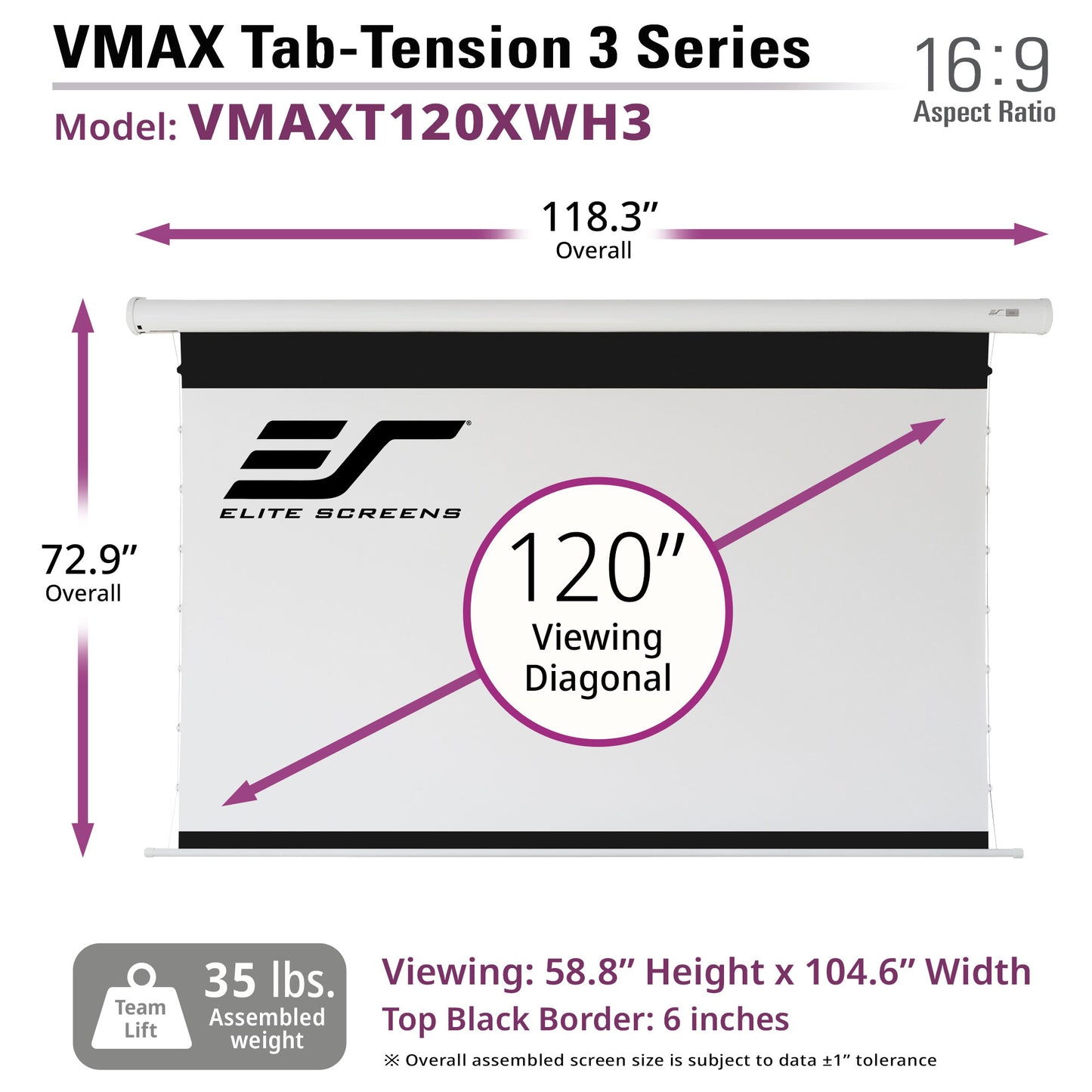 Elite Screens VMAX Tab-Tension 3 Series 120" projector screen with dimensions and specifications.