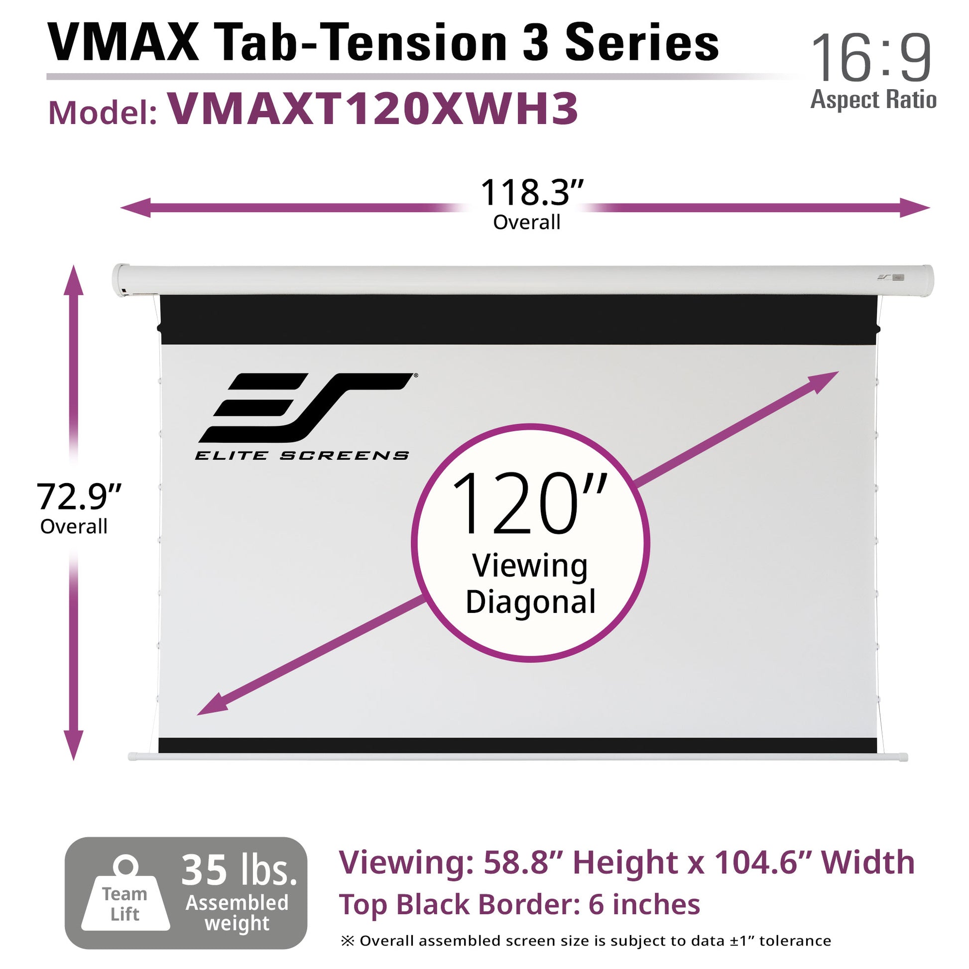 Elite Screens VMAX Tab-Tension 3 Series 120" projector screen with dimensions and specifications.