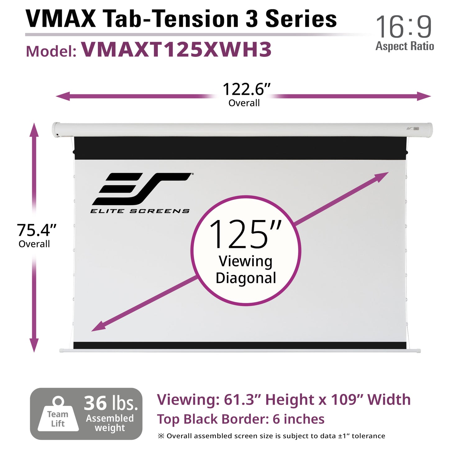 Elite Screens VMAX Tab-Tension 3 Series 125" projector screen with dimensions and specifications.