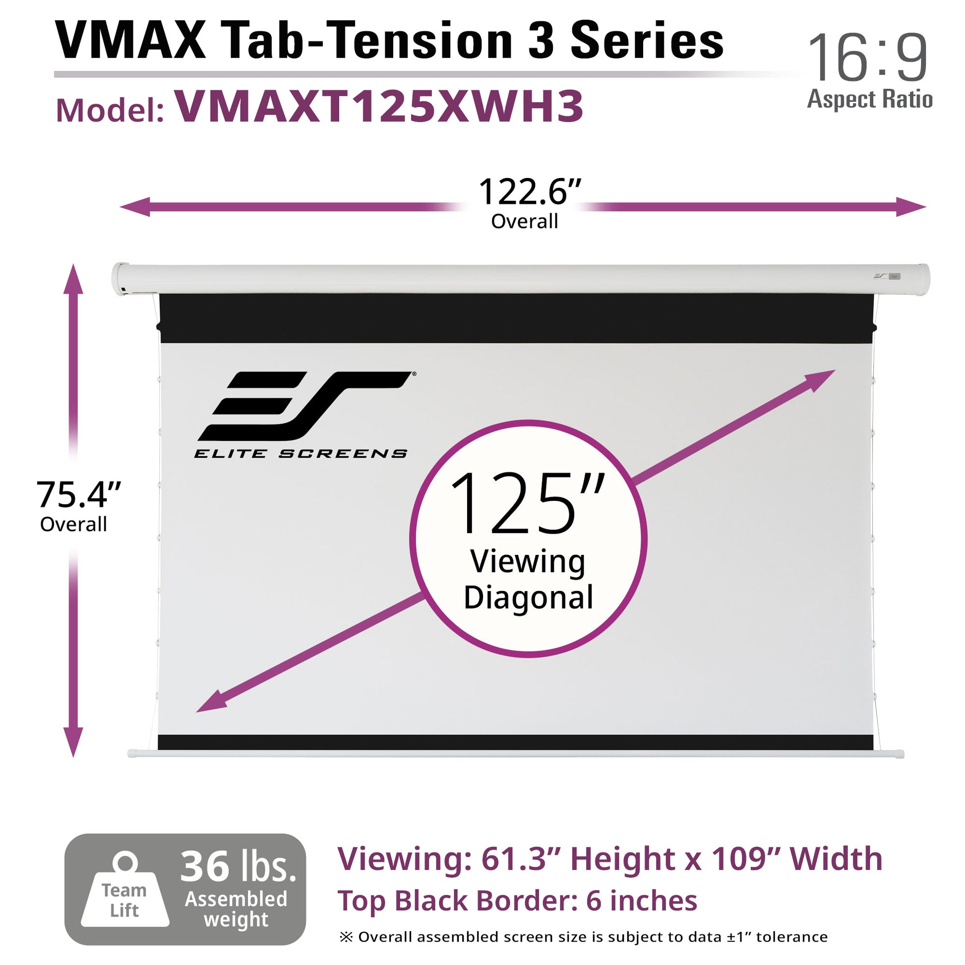 Elite Screens VMAX Tab-Tension 3 Series 125" projector screen with dimensions and specifications.