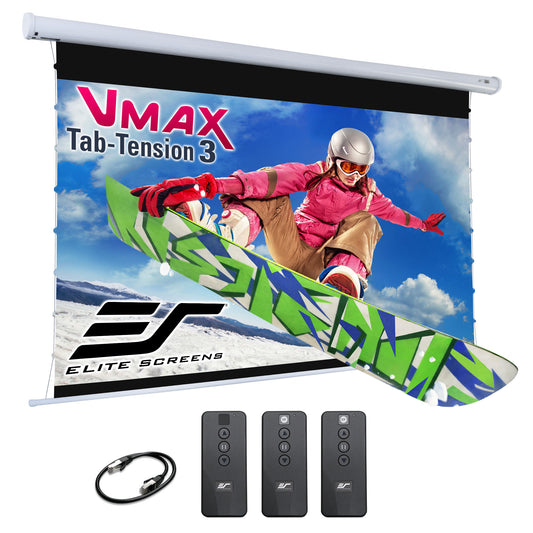 Elite Screens VMAX Tab-Tension 3 projector screen with remote controls on a white background