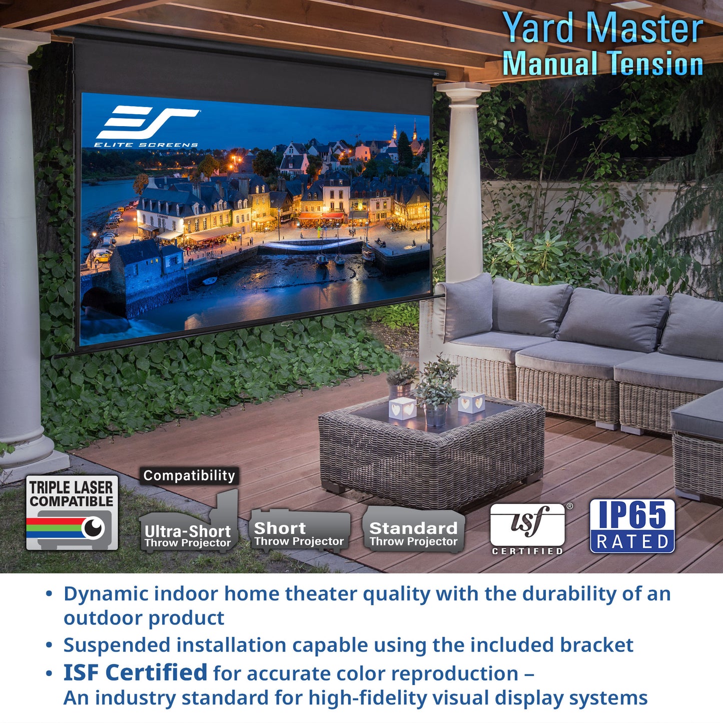 Outdoor patio setup with a large screen displaying a scenic view, surrounded by furniture and plants.