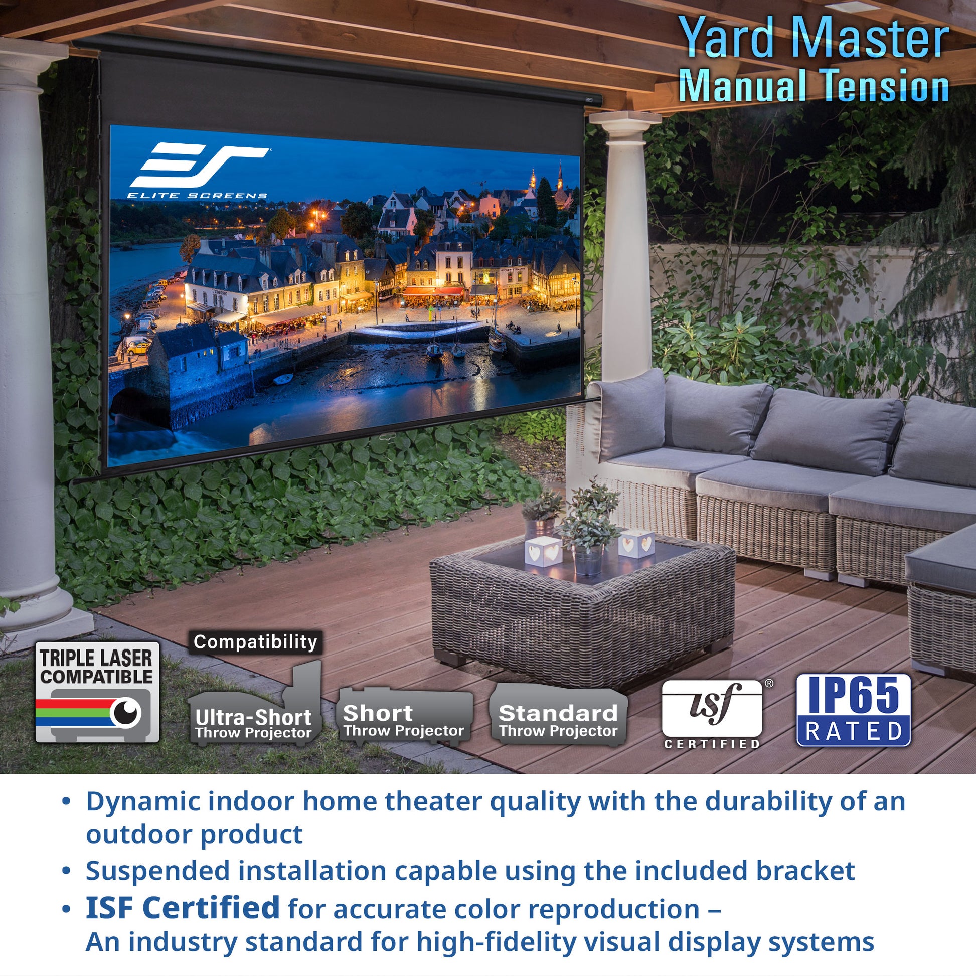 Outdoor patio setup with a large screen displaying a scenic view, surrounded by furniture and plants.