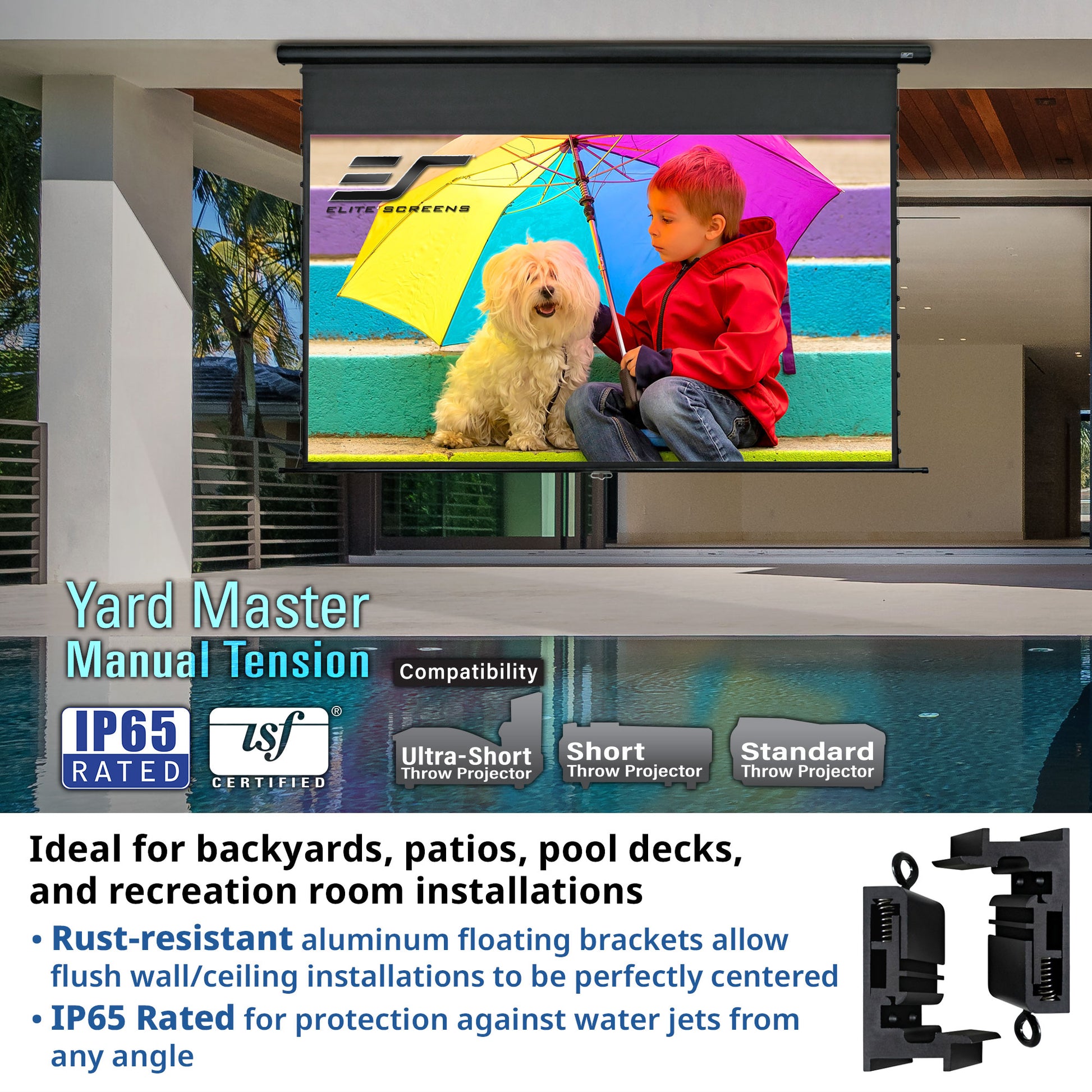 Outdoor projection screen with a child and dog holding an umbrella, displayed on a pool deck.