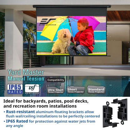 Outdoor projection screen with a child and dog holding an umbrella, displayed on a pool deck.