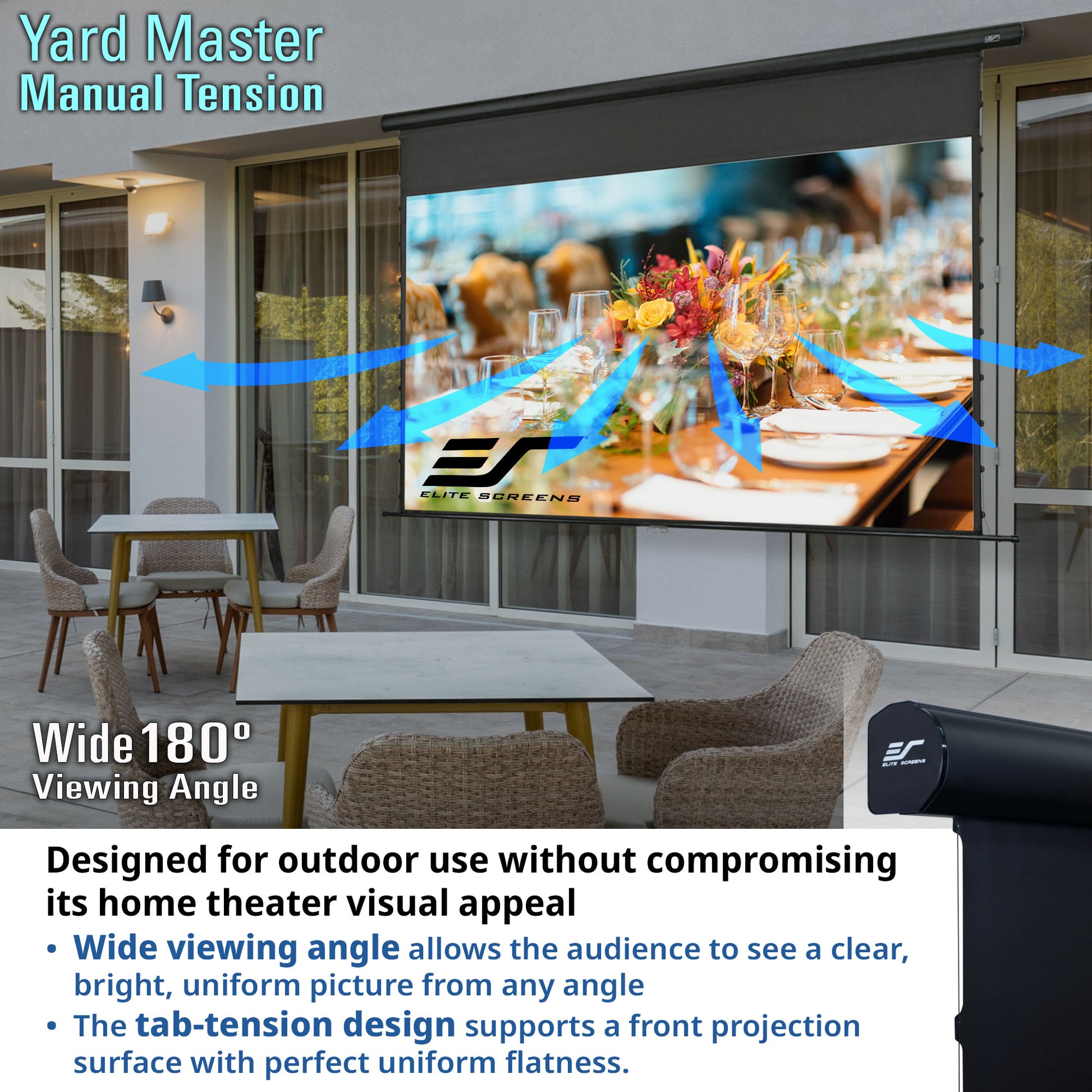 Outdoor setting with a projection screen displaying a meal scene, surrounded by chairs and tables.