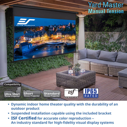 Outdoor home theater setup with Elite Screens projector screen and furniture.