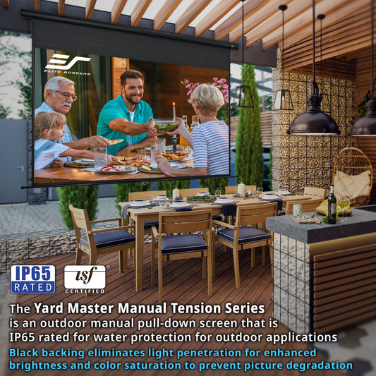 Outdoor dining area with a manual pull-down screen displaying a family meal, featuring ES Robbins branding.