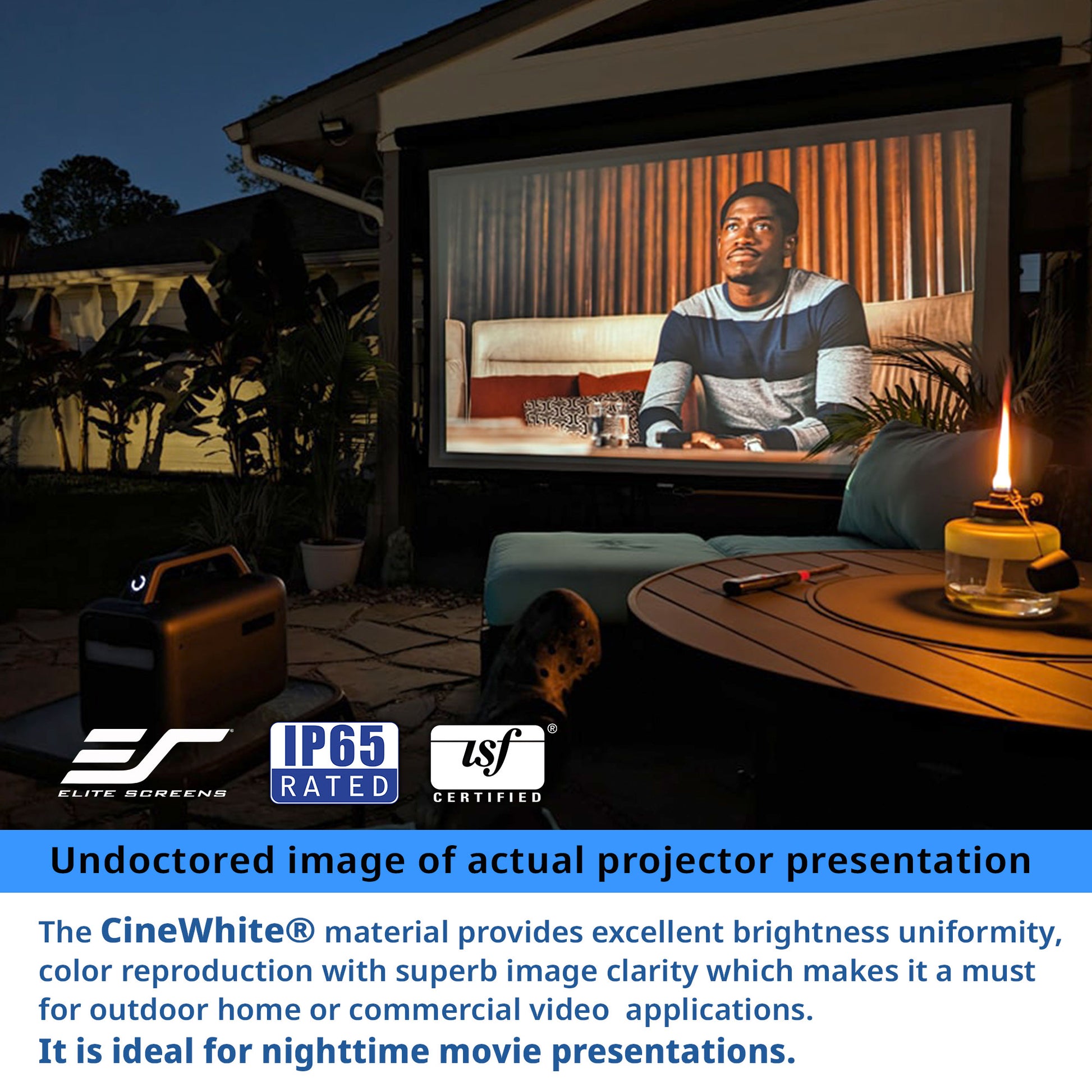 Outdoor movie night setup with a projector screen displaying a man on a couch, surrounded by plants and furniture.