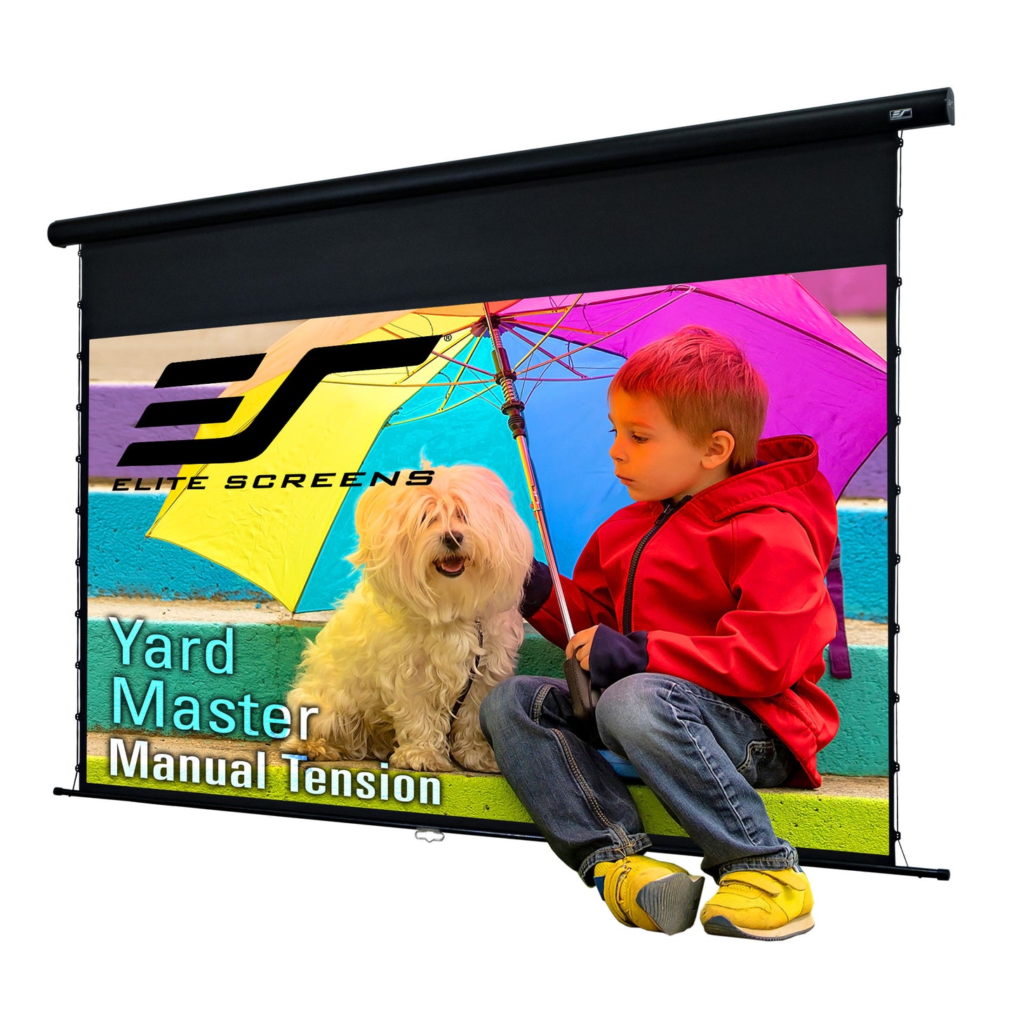 Elite Screens Yard Master Manual Tension projector screen with a child and dog holding an umbrella on a white background