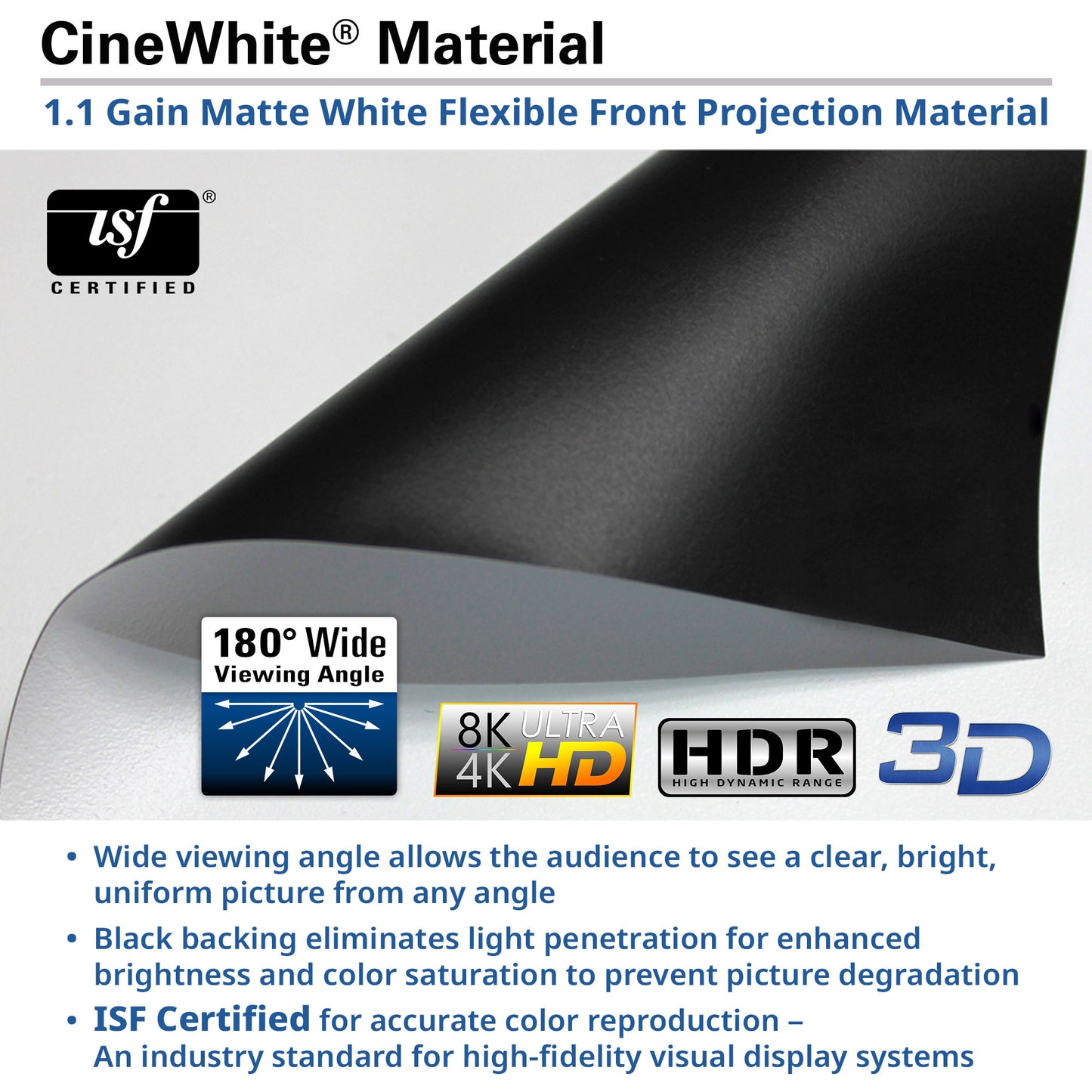 CineWhite material for projection screens with ISF certification and technical specifications.
