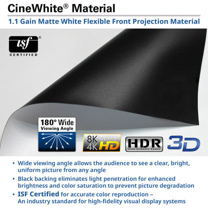 CineWhite material for projection screens with ISF certification and technical specifications.