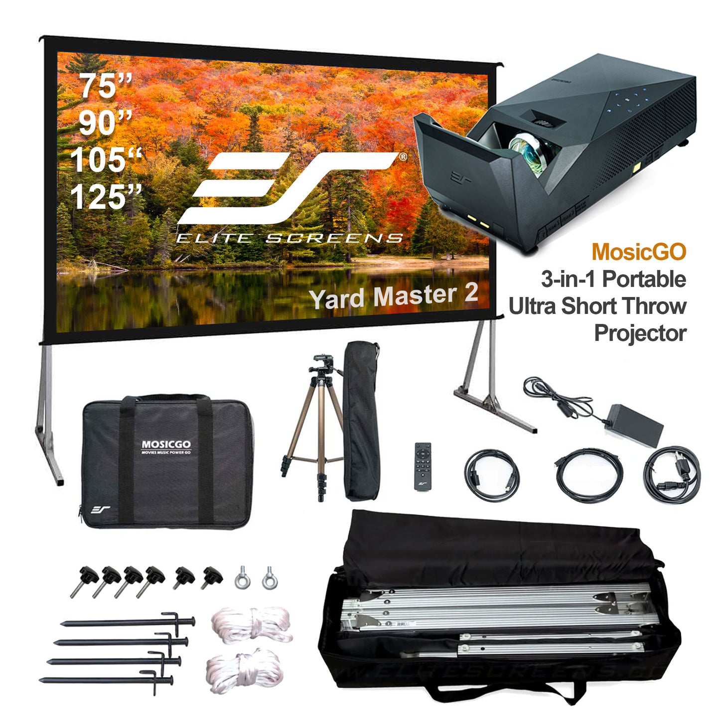 75/90/105/125" Yard Master 2 Outdoor Screen & MosicGO 3-in-1 Portable Ultra Short Throw Projector Sport Ver : Built-in Battery/Power Bank & Accessories