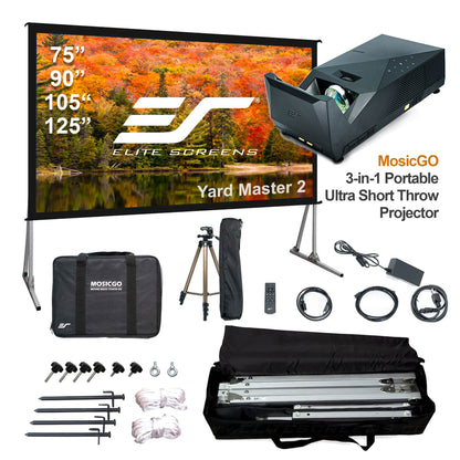 75/90/105/125" Yard Master 2 Outdoor Screen & MosicGO 3-in-1 Portable Ultra Short Throw Projector Sport Ver : Built-in Battery/Power Bank & Accessories