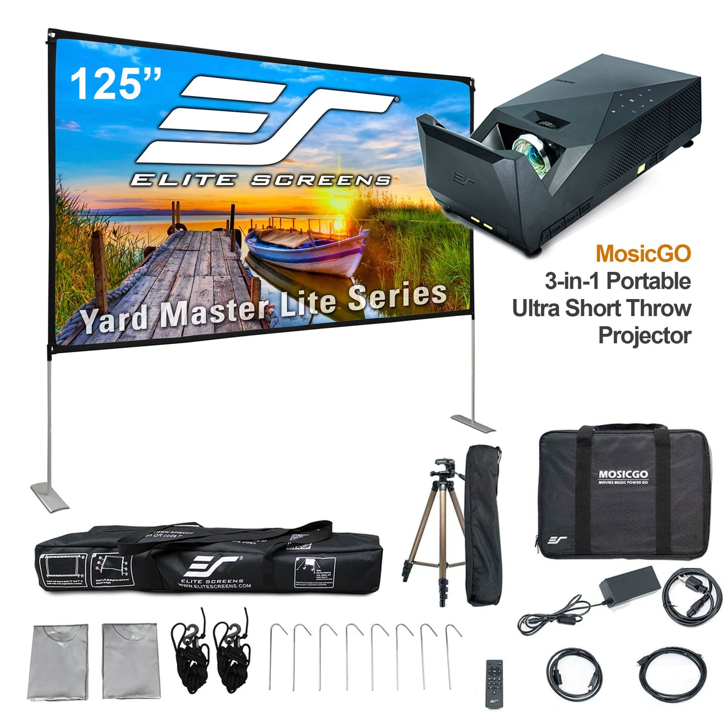 Elite Screens MosaicGO 125-inch portable projector screen kit with a 125 inch yard master lite series screen, black portable projector, tripod, carrying cases, mounting stakes, and accessories on a white background.