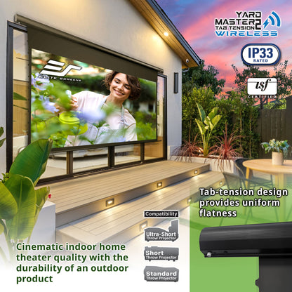 Outdoor home theater setup with a large screen displaying a woman, surrounded by plants and furniture.