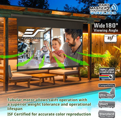 Outdoor screen with family watching a movie, featuring Elite Screens branding and product features.