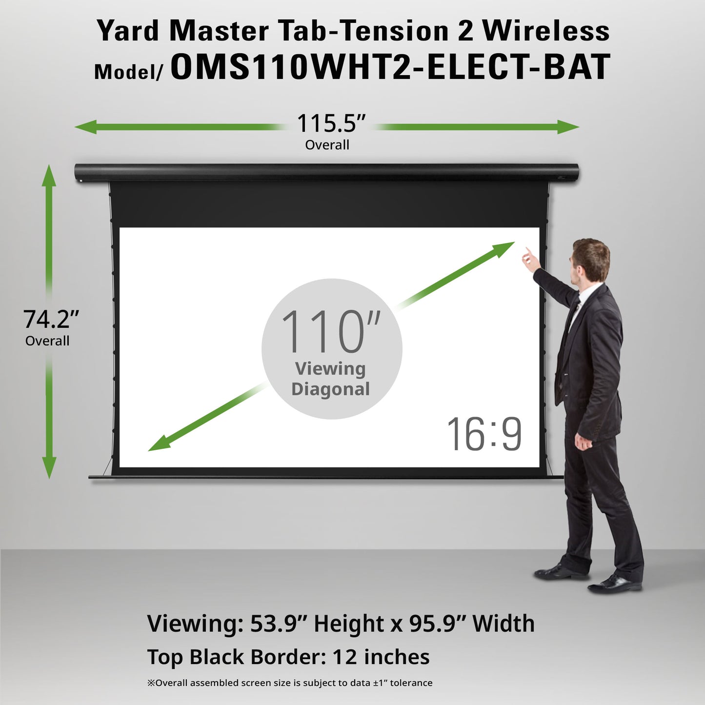 Yard Master Tab-Tension 2 Wireless projector screen with dimensions and a person for scale.