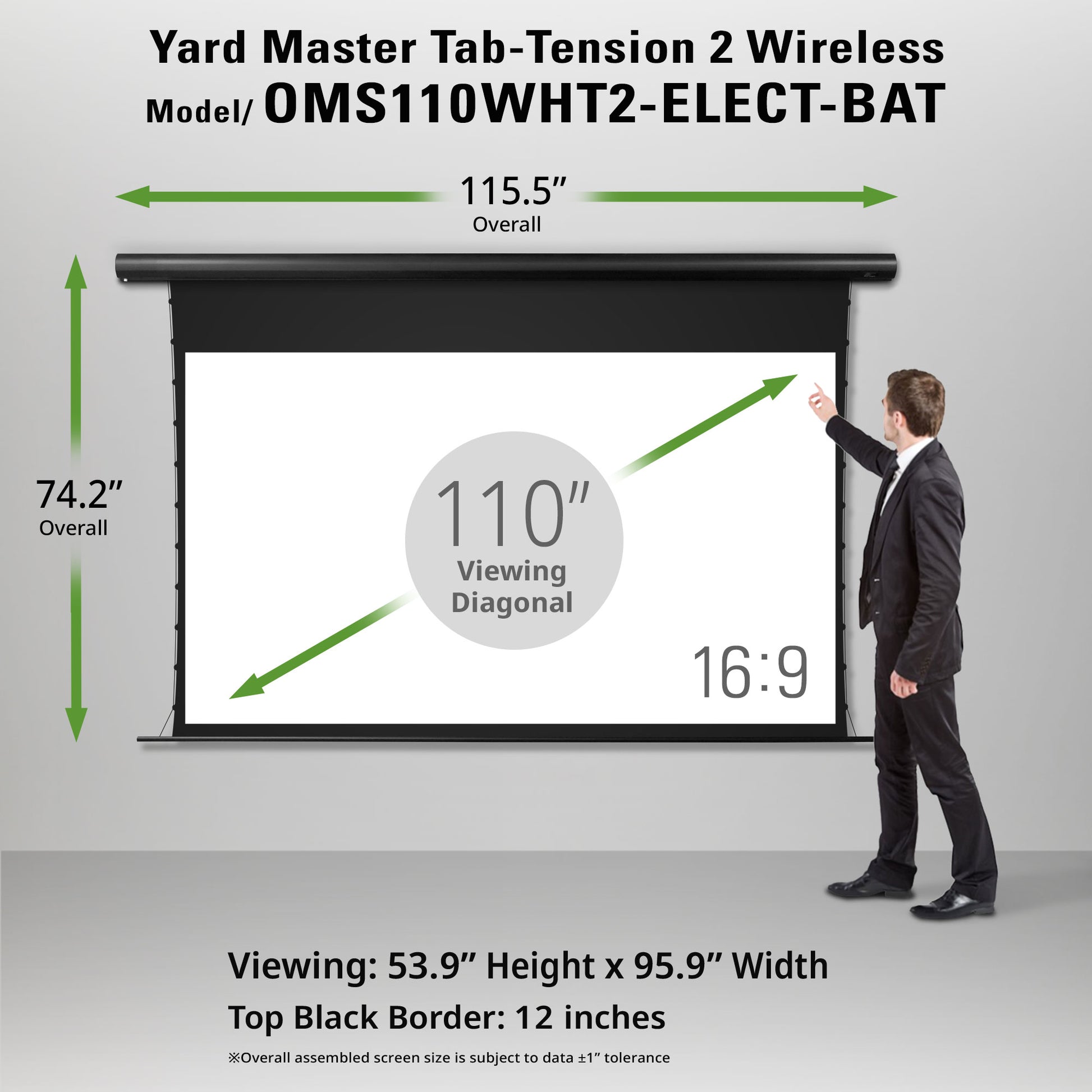 Yard Master Tab-Tension 2 Wireless projector screen with dimensions and a person for scale.