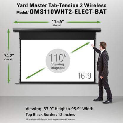Yard Master Tab-Tension 2 Wireless projector screen with dimensions and a person for scale.
