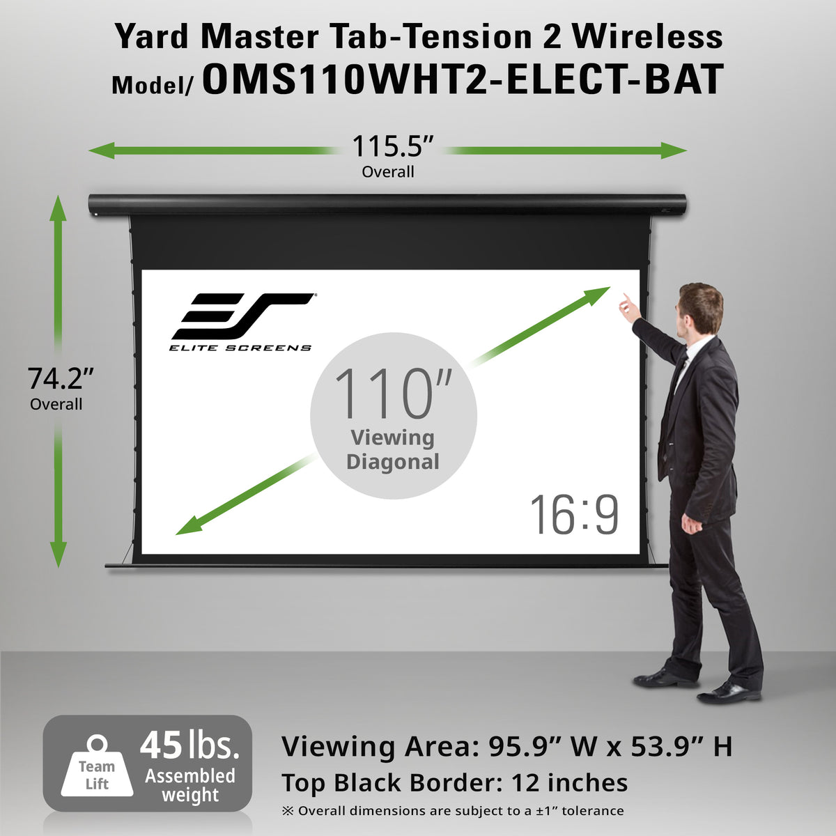 A promotional product graphic for a Yard Master Tab-Tension 2 Wireless projector screen, showing the screen assembly, dimension callouts (115.5" overall and 74.