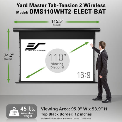 A promotional product graphic for a Yard Master Tab-Tension 2 Wireless projector screen, showing the screen assembly, dimension callouts (115.5" overall and 74.