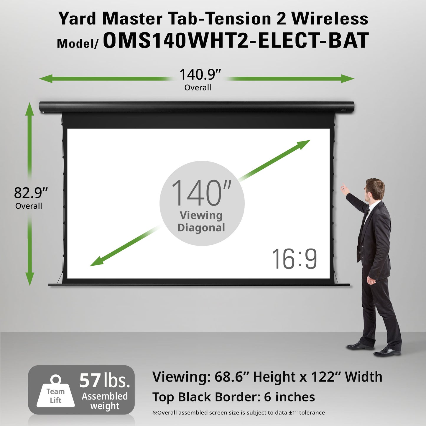 Yard Master Tab-Tension 2 Wireless projector screen with dimensions and specifications on a gray background