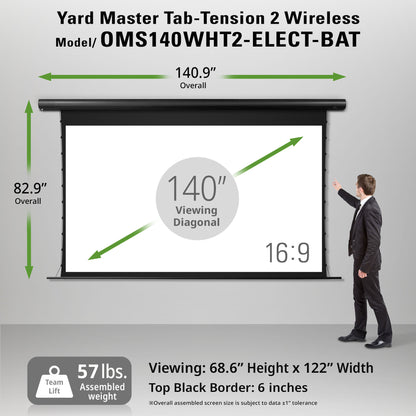 Yard Master Tab-Tension 2 Wireless projector screen with dimensions and specifications on a gray background